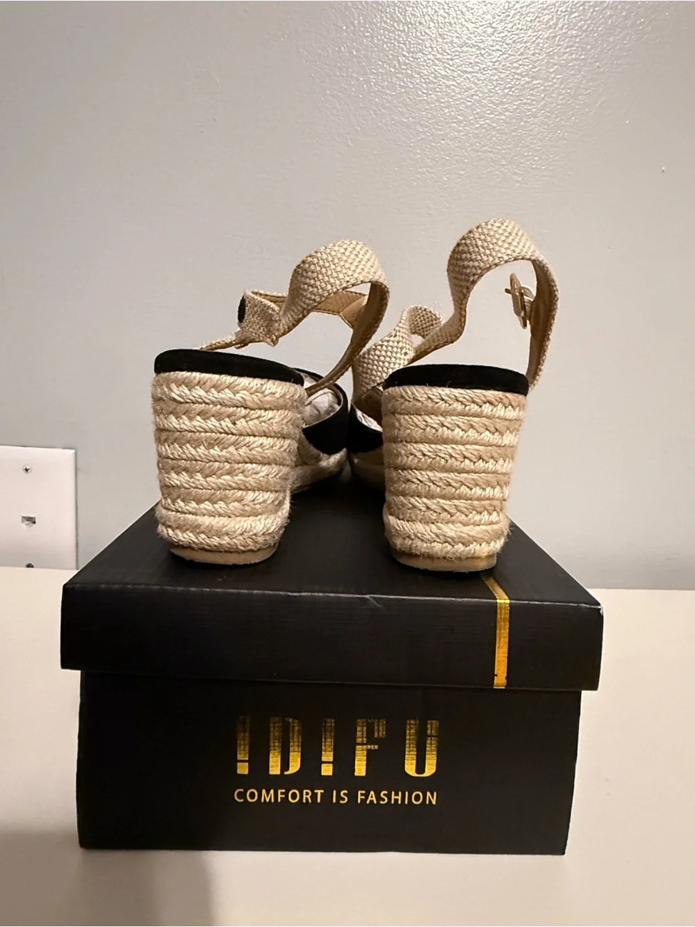 IDIFU Black and Beige Espadrille Wedge Sandals with Ankle Strap
